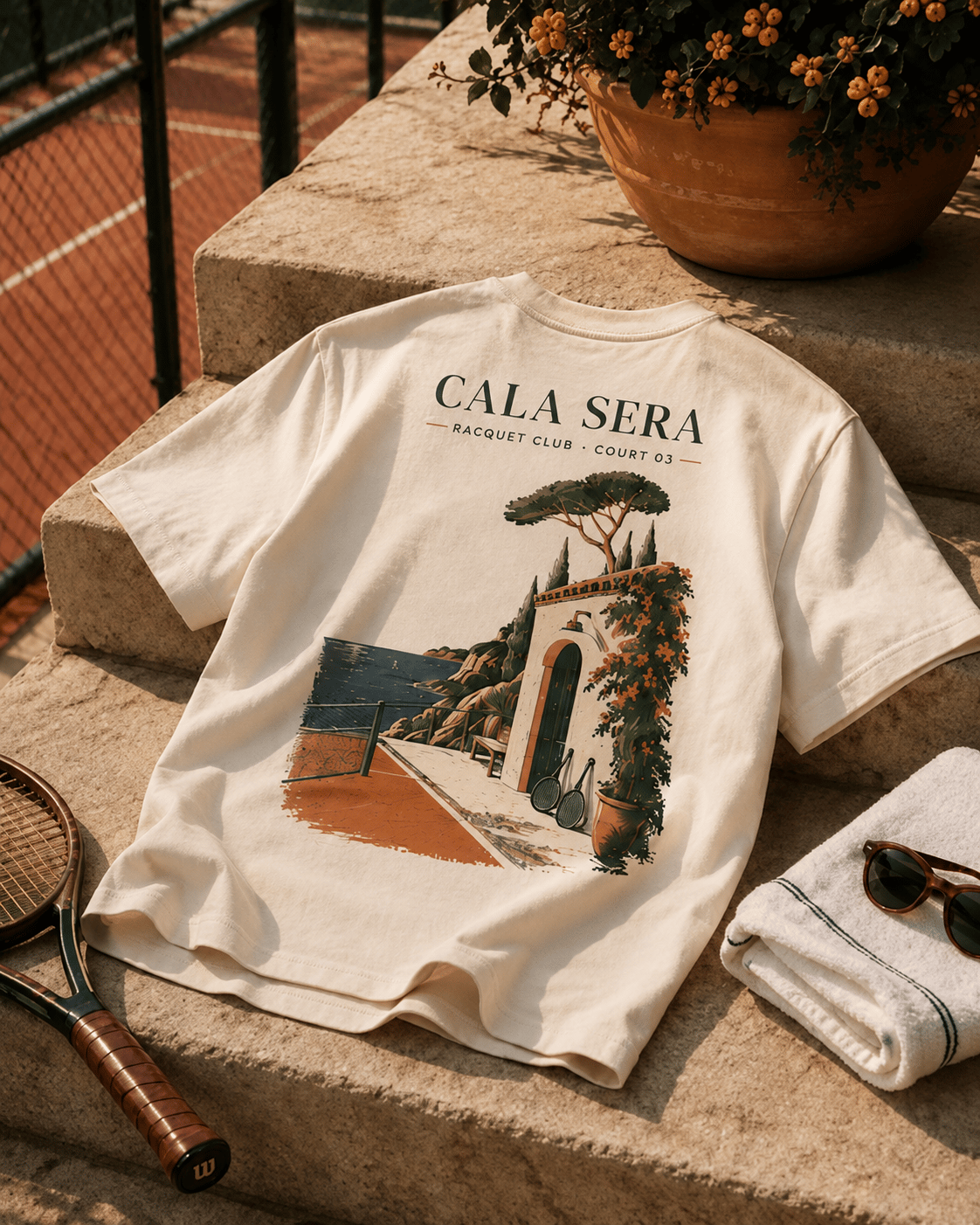 Cream Cala Sera racquet-club T-shirt arranged on sunlit stone steps beside a vintage racquet