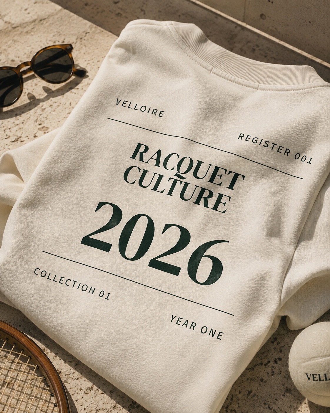Cream Racquet Culture 2026 T-shirt arranged with sunglasses, a vintage racquet, and a ball