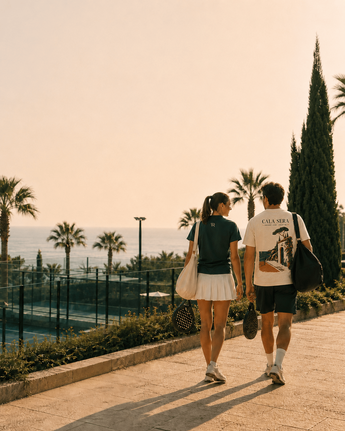 Two racquet players walking toward a Mediterranean coastal club at golden hour