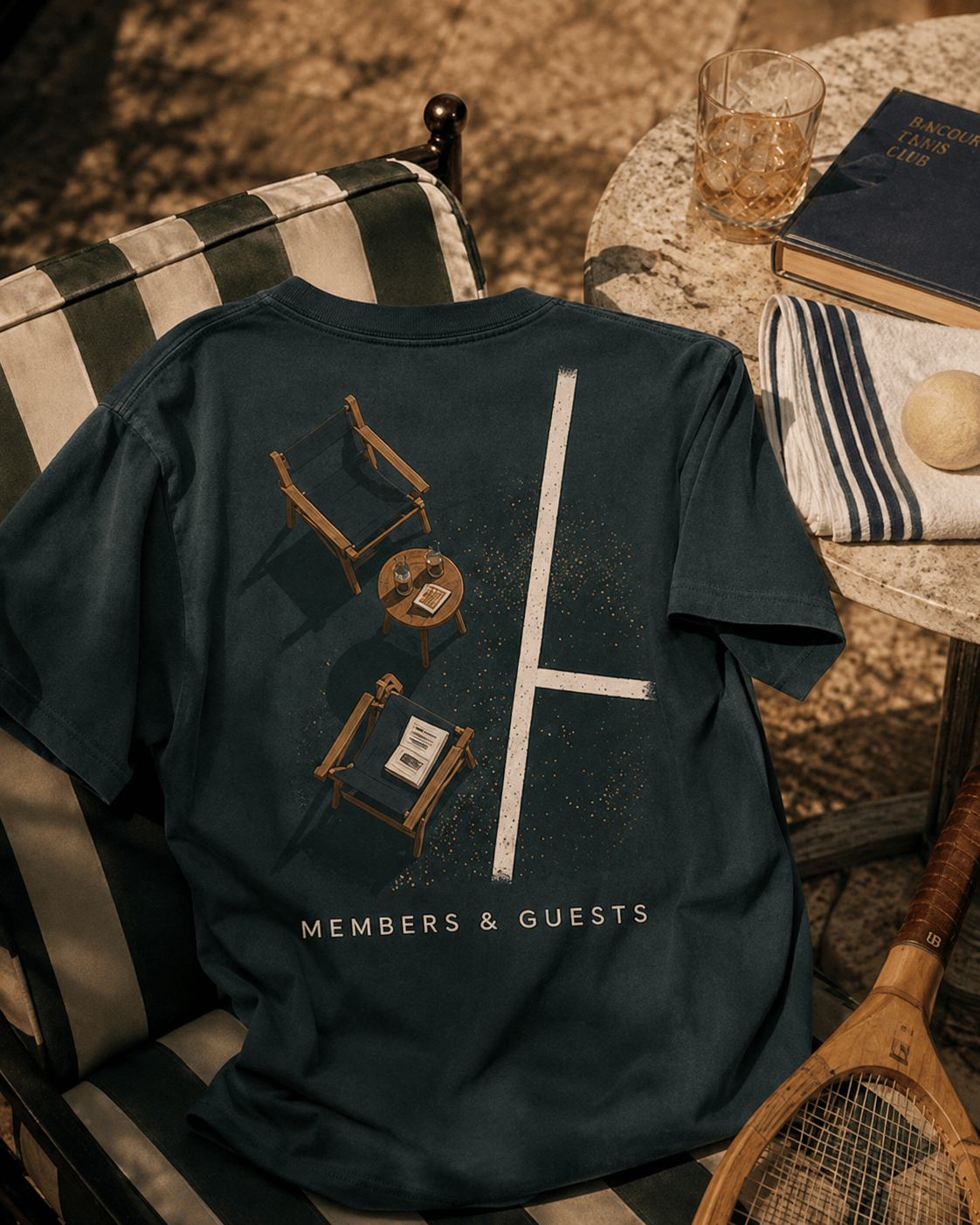 Navy Terrace Hours T-shirt displayed on a striped club chair beside a racquet and terrace table