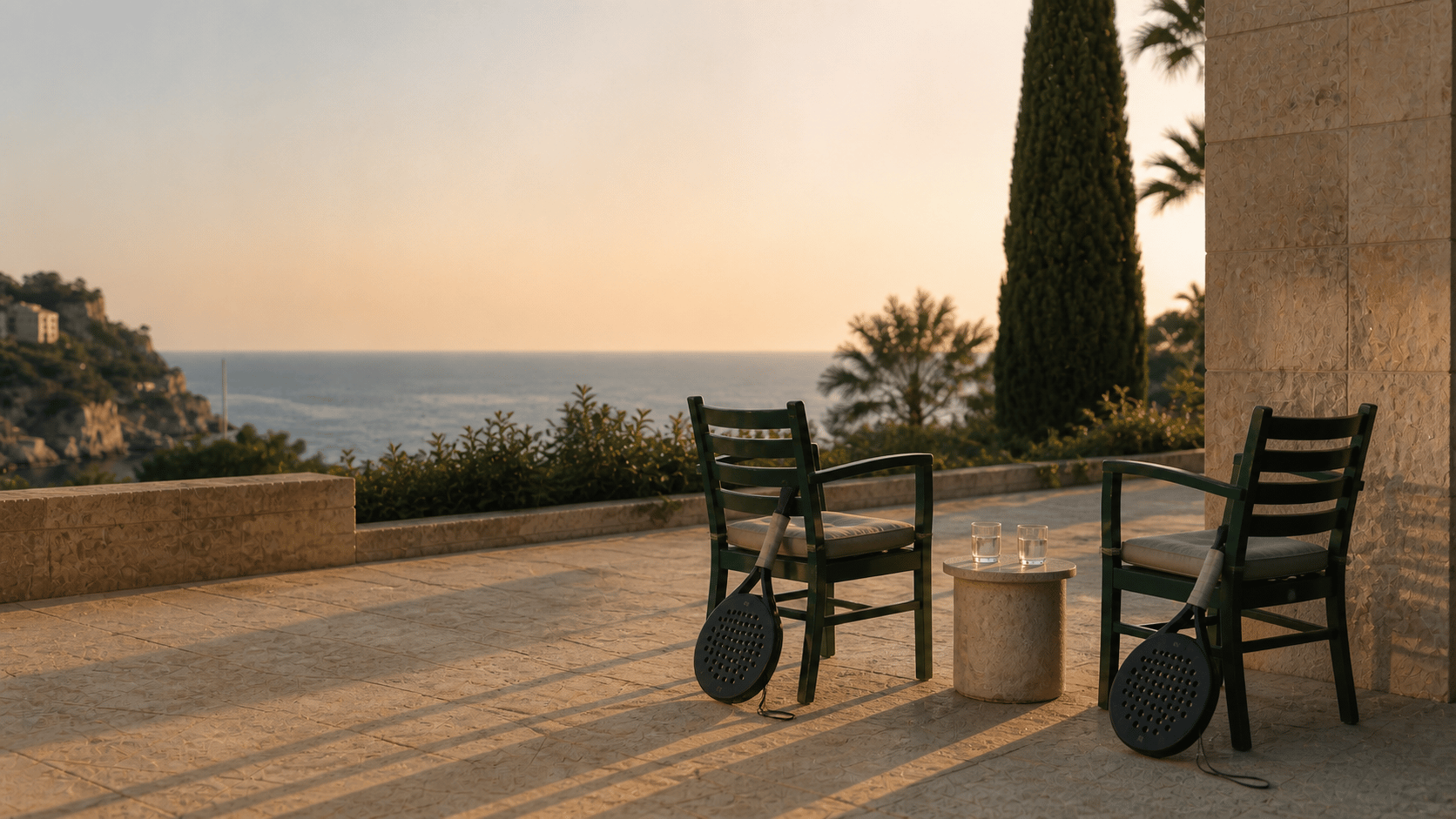 Two empty club chairs and two rackets overlooking the Mediterranean after a match