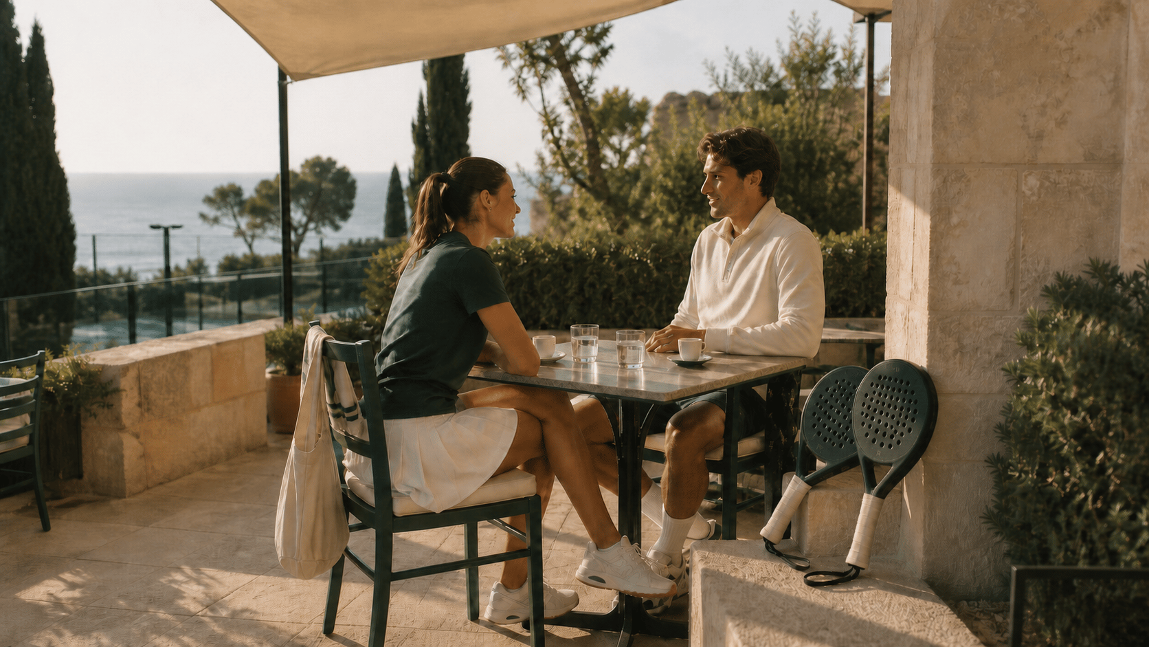 Two racquet players talking over coffee on a sunlit Mediterranean club terrace