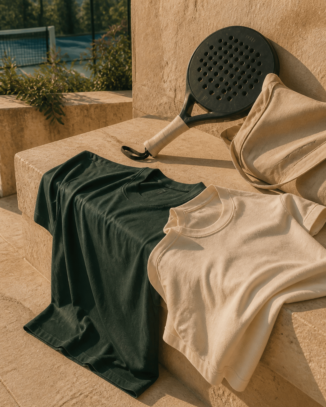 Forest and cream blank apparel arranged with a racquet on a sunlit stone terrace