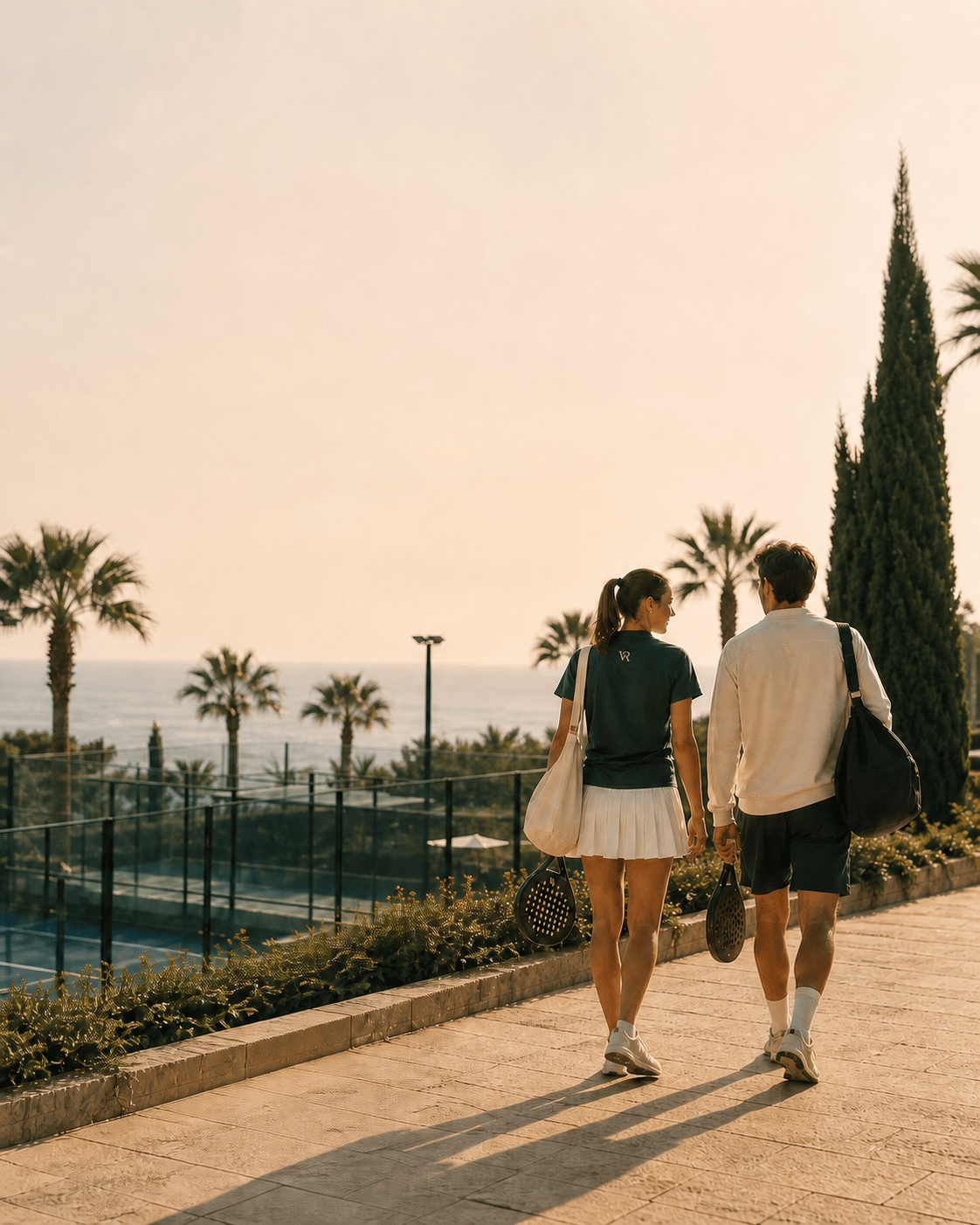 Two racquet players walking toward a Mediterranean coastal club at golden hour